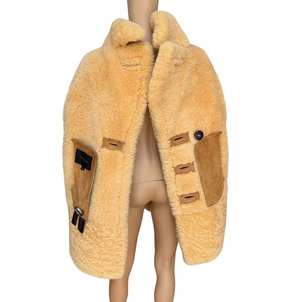 Coach Sheepskin Fur Coat in honey double-breasted plush shearling trim size M - Picture 6 of 13